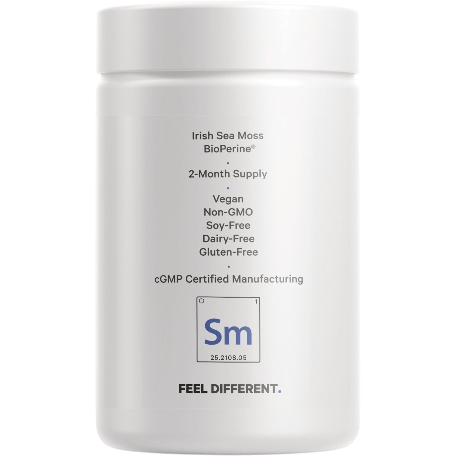 CDG022 | Back label: Irish Sea Moss, BioPerine, 2-month supply; vegan, non-GMO, soy-free, dairy-free, gluten-free; cGMP manufacturing Sm logo