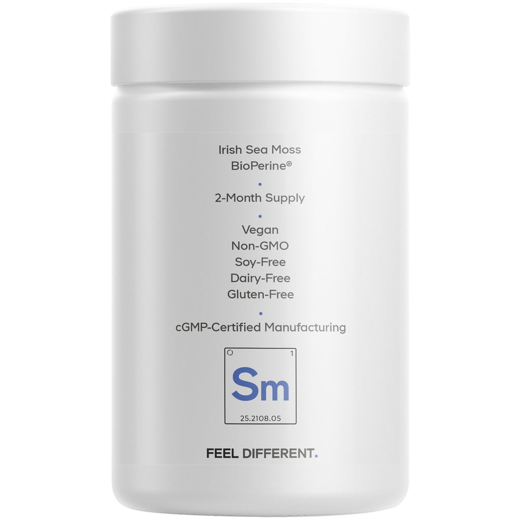 CDG022 | Back label: Irish Sea Moss, BioPerine, 2-month supply; vegan, non-GMO, soy-free, dairy-free, gluten-free; cGMP manufacturing Sm logo - Thumbnail