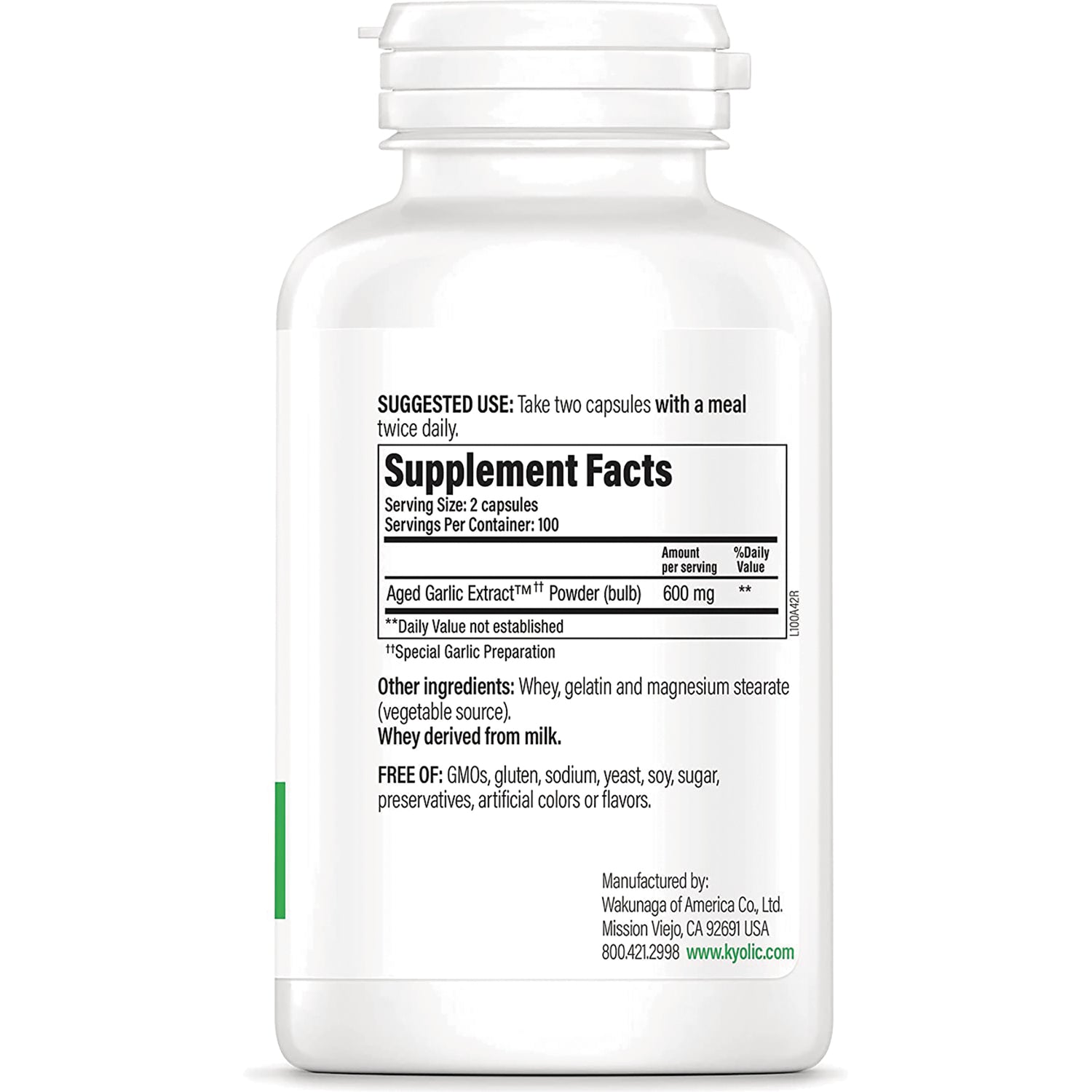 KY007 | Back label showing Supplement Facts, suggested use, ingredients and manufacturer information