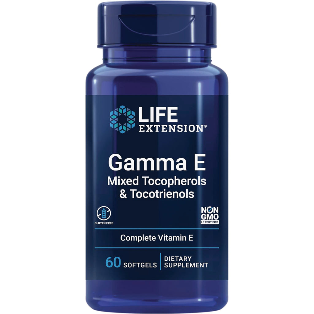 LE404 | Blue Life Extension bottle labeled Gamma E mixed tocopherols & tocotrienols, 60 softgels dietary supplement - Thumbnail