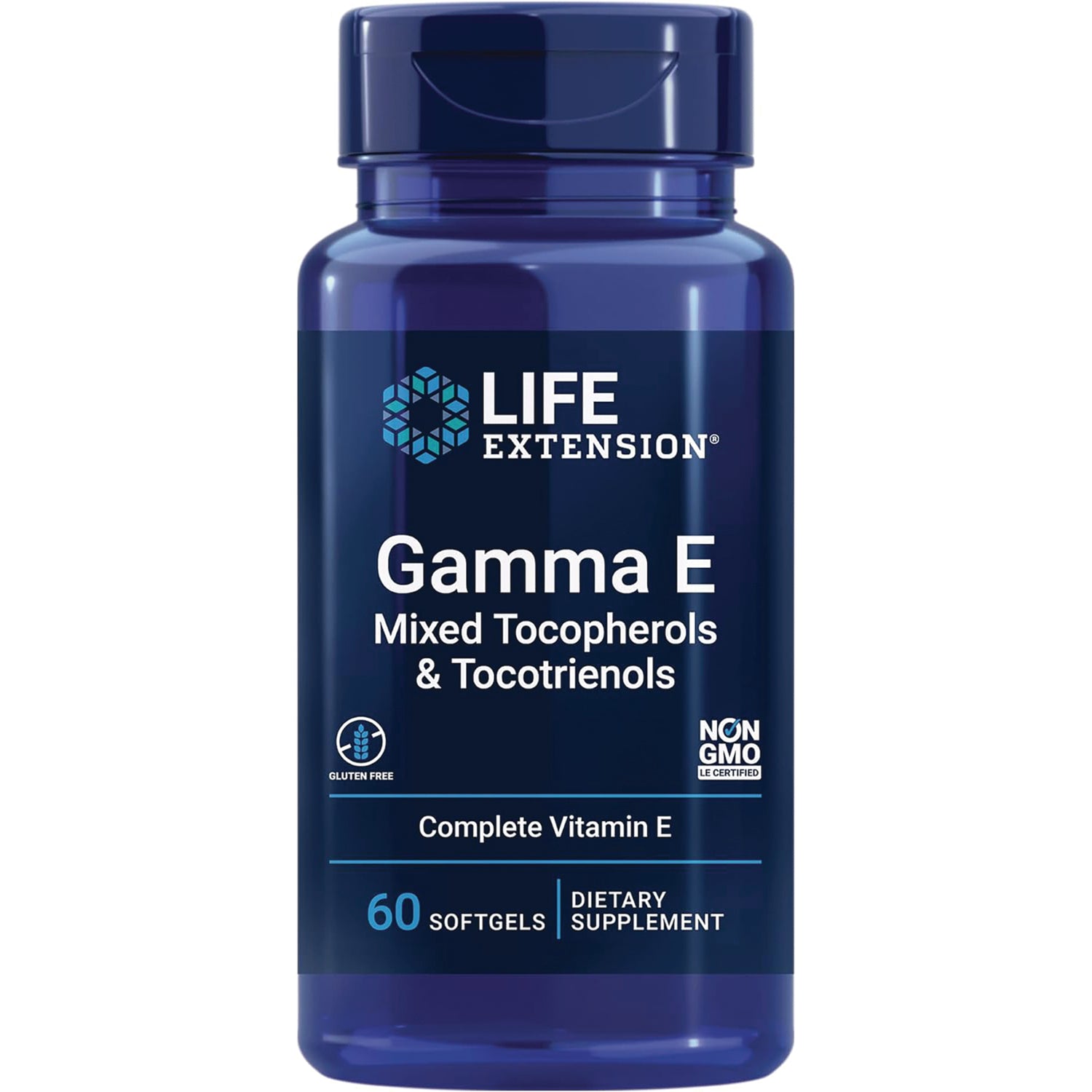 LE404 | Blue Life Extension bottle labeled Gamma E mixed tocopherols & tocotrienols, 60 softgels dietary supplement