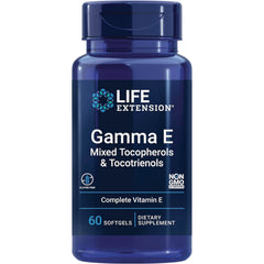LE404 | Blue Life Extension bottle labeled Gamma E mixed tocopherols & tocotrienols, 60 softgels dietary supplement