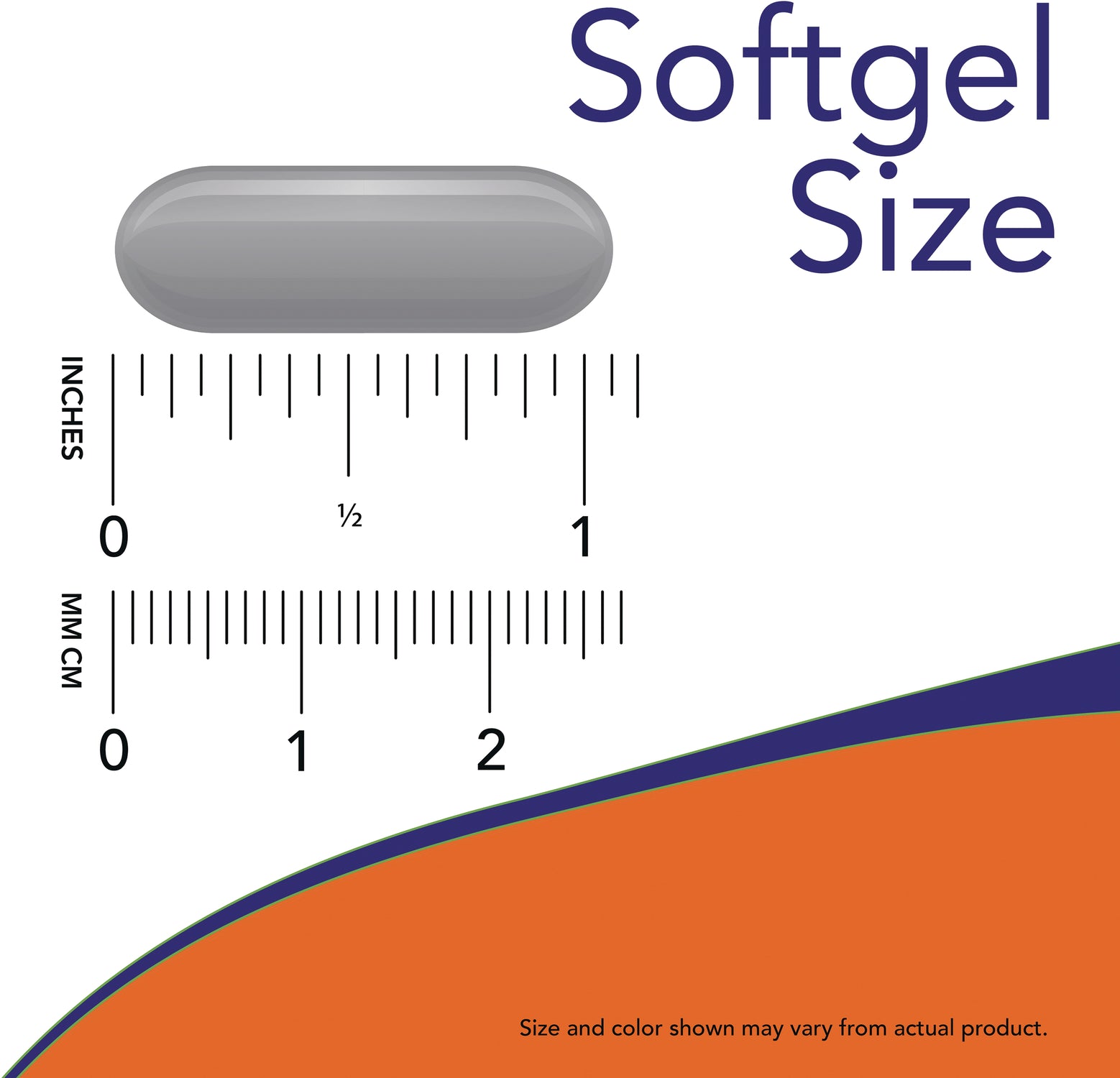 NWF301 | gray softgel above inch and centimeter rulers labeled Softgel Size showing scale up to 2 cm