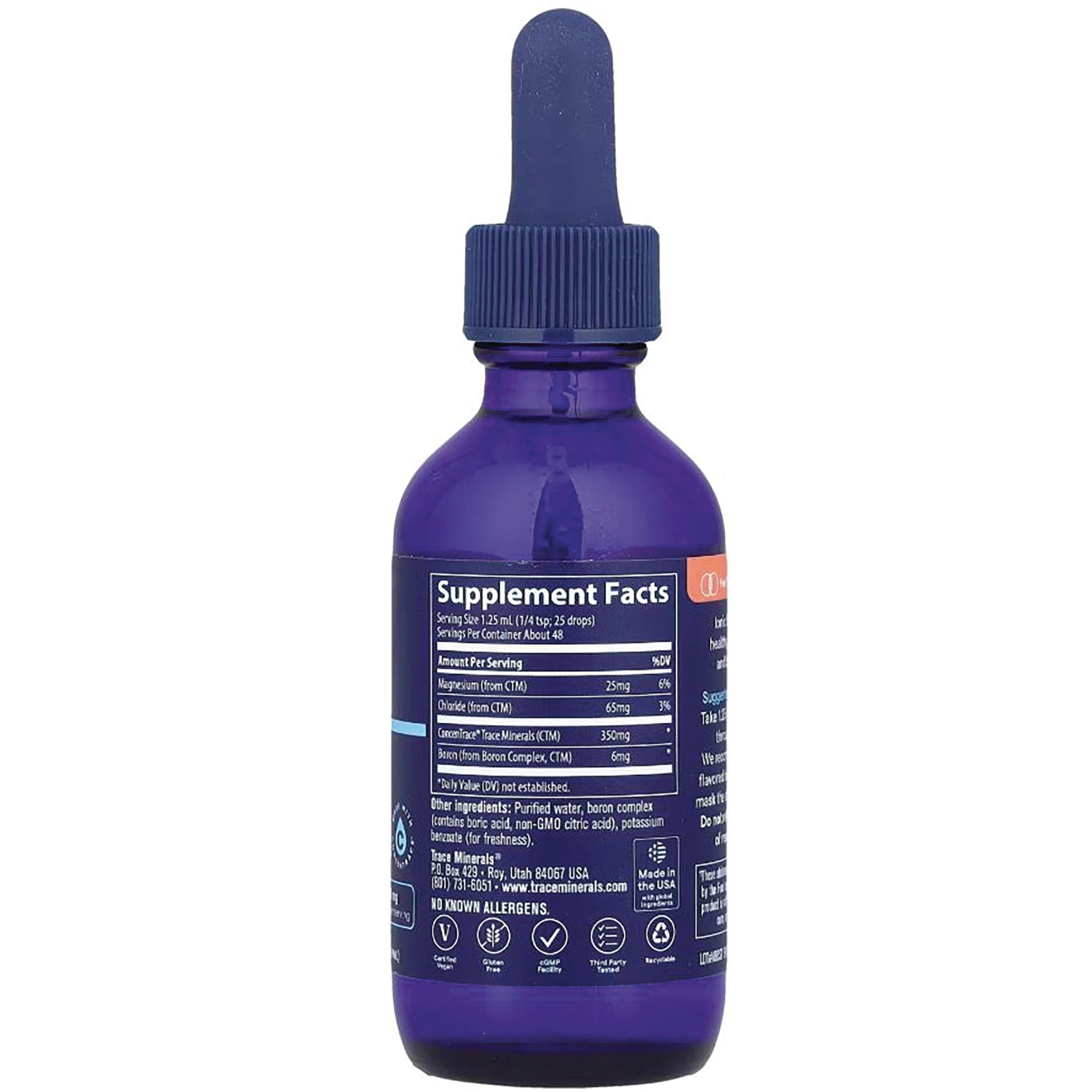 TM055 | Back of blue dropper bottle showing Supplement Facts panel and ingredients