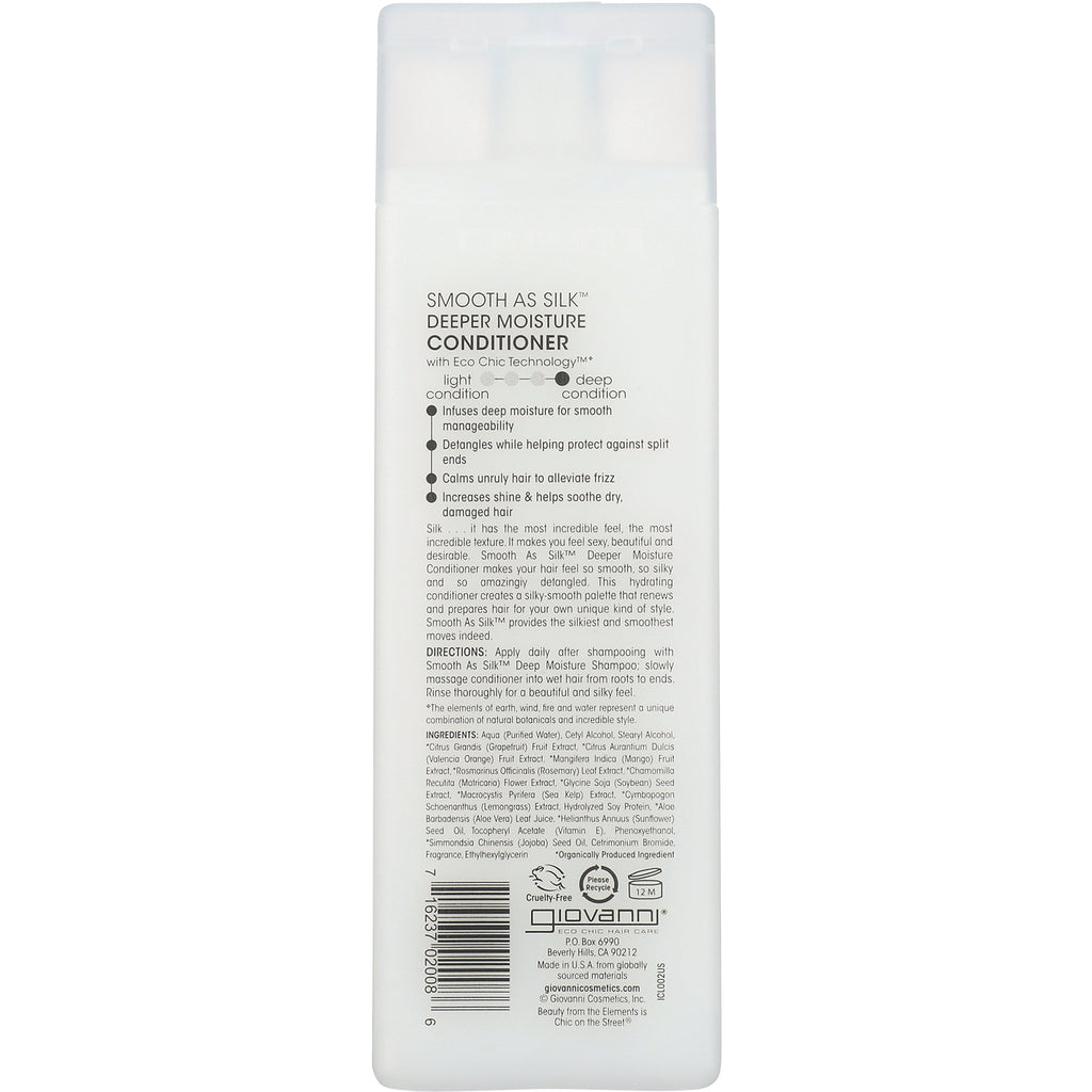 Back label of white Giovanni Smooth As Silk Deeper Moisture Conditioner bottle showing ingredients, directions, and barcode - Thumbnail