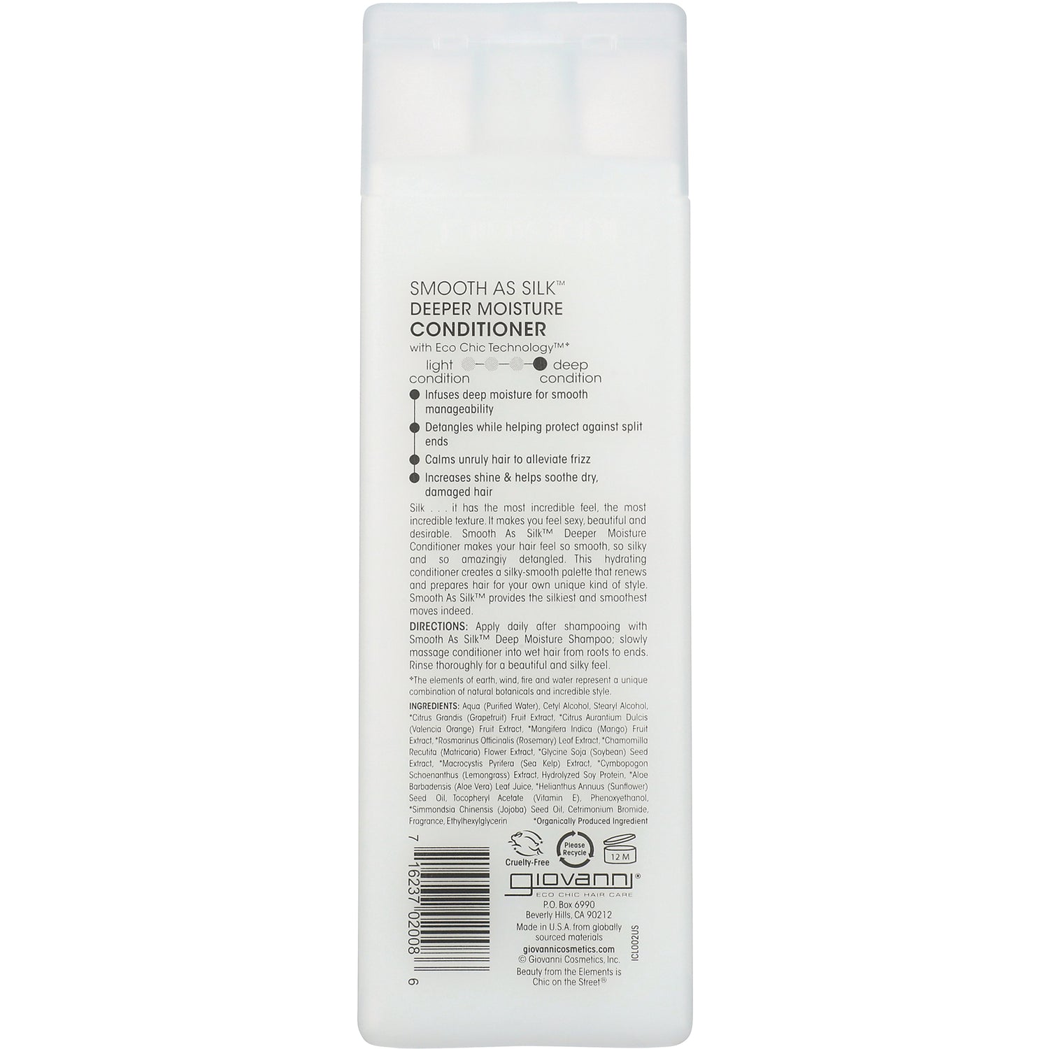 Back label of white Giovanni Smooth As Silk Deeper Moisture Conditioner bottle showing ingredients, directions, and barcode
