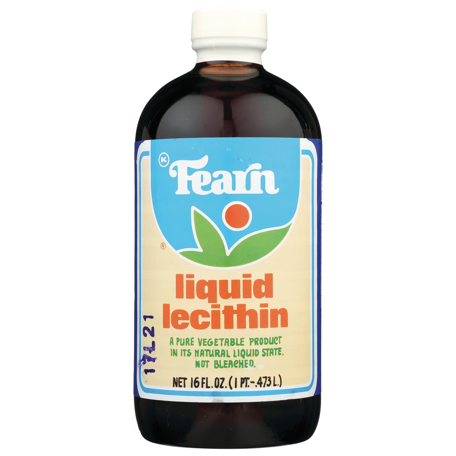 FRN001 | brown glass bottle labeled Fearn liquid lecithin, 16 fl oz, front view