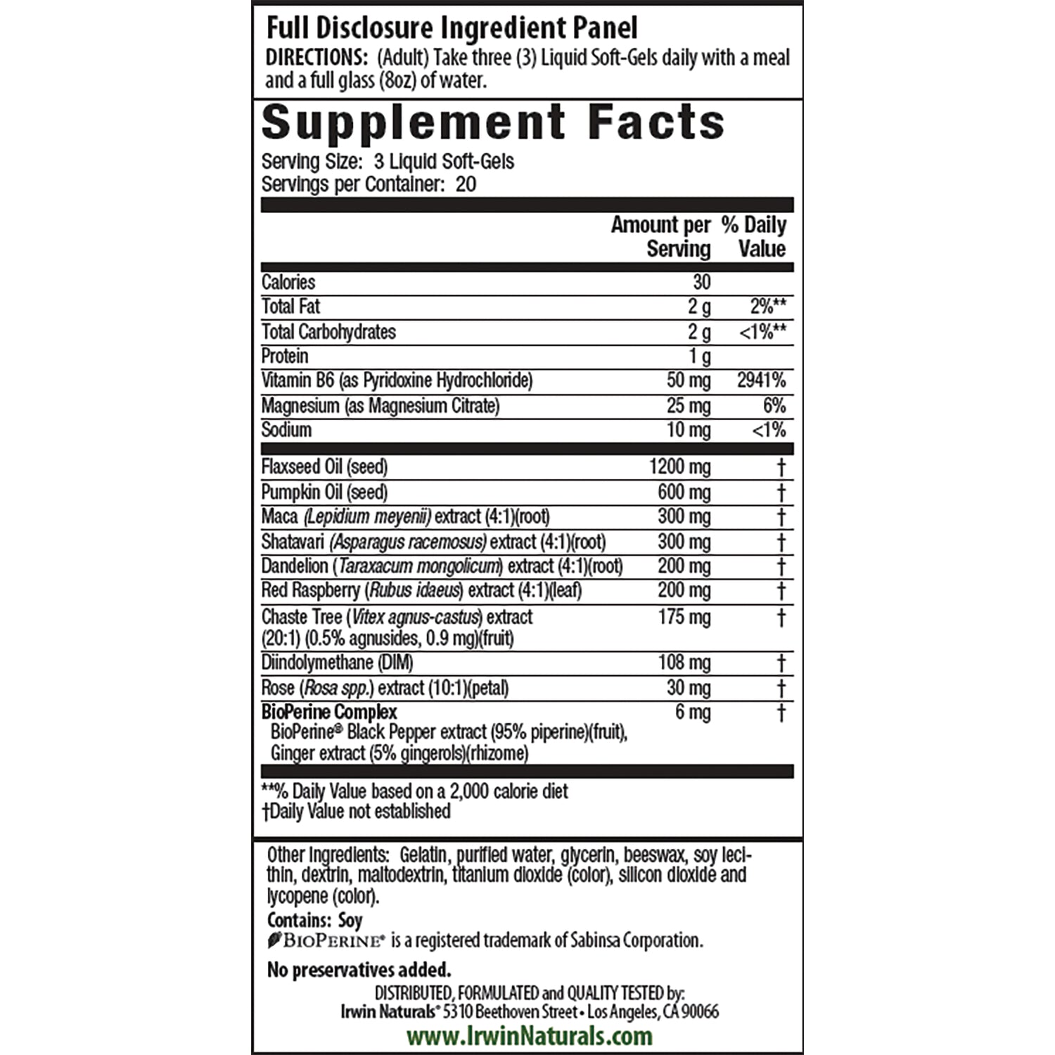 IR299 | Back supplement facts panel listing serving size, ingredient amounts and other ingredients