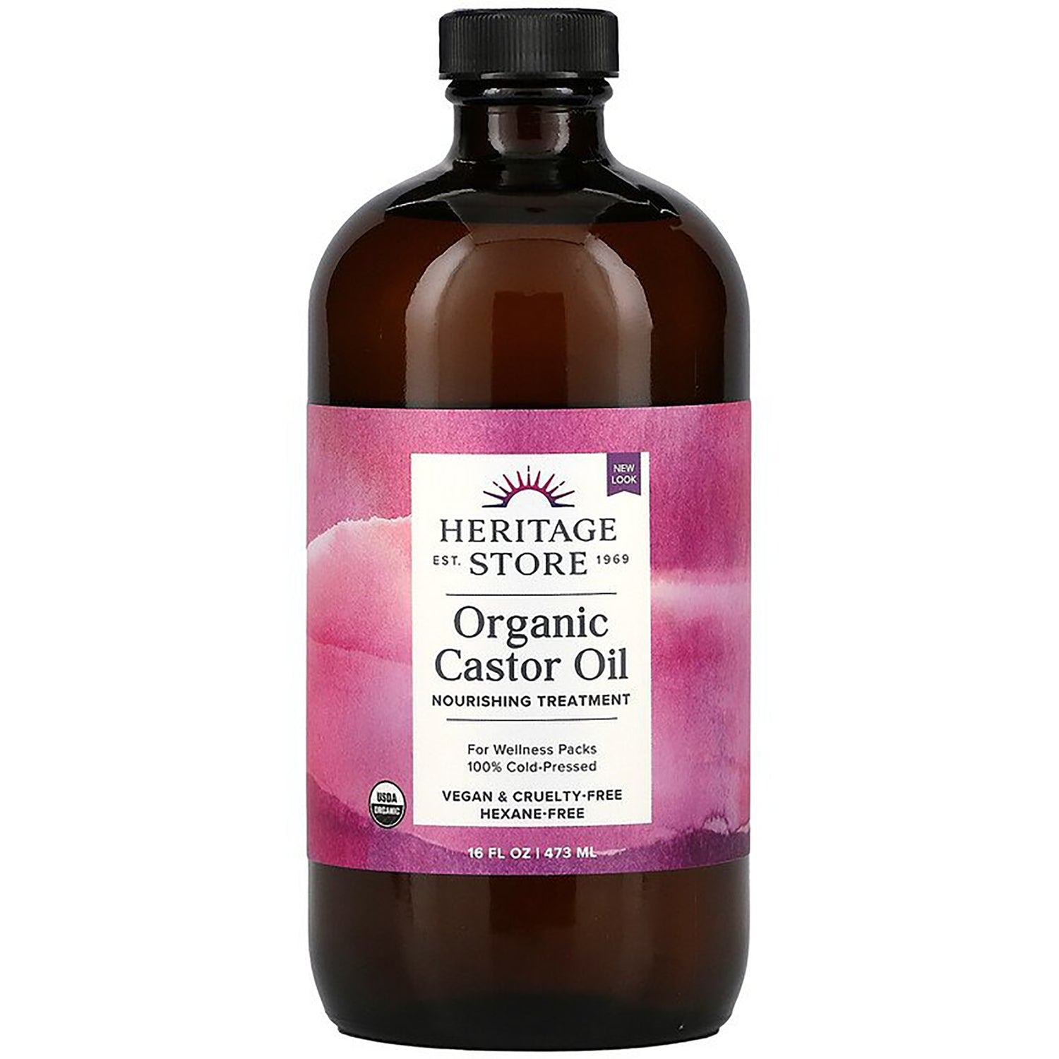 HTG011 | Amber glass bottle of Heritage Store Organic Castor Oil with pink label, 16 fl oz