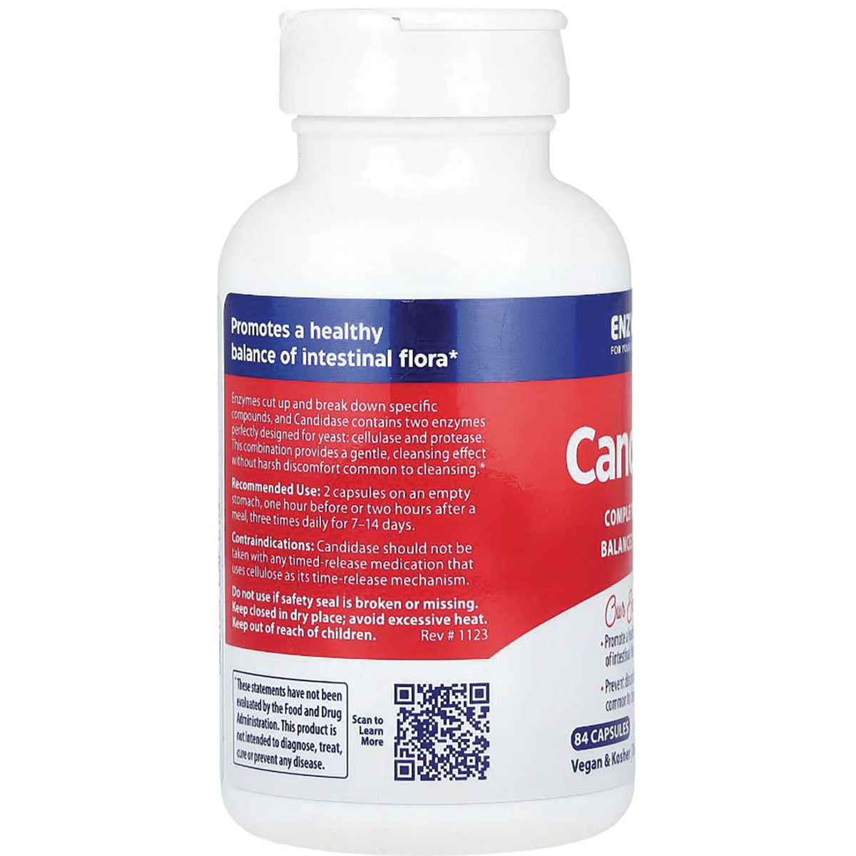 EMD005 | back of white supplement bottle showing red and blue label about intestinal flora, usage directions and a QR code