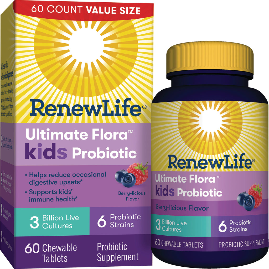 RNL205 | RenewLife Ultimate Flora kids Probiotic Berry-licious flavor 60 chewable tablets front box and bottle - Thumbnail