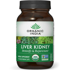 RGN045 | amber supplement jar labeled ORGANIC INDIA Liver Kidney Detoxify & Rejuvenate, 90 vegetarian capsules, USDA Organic