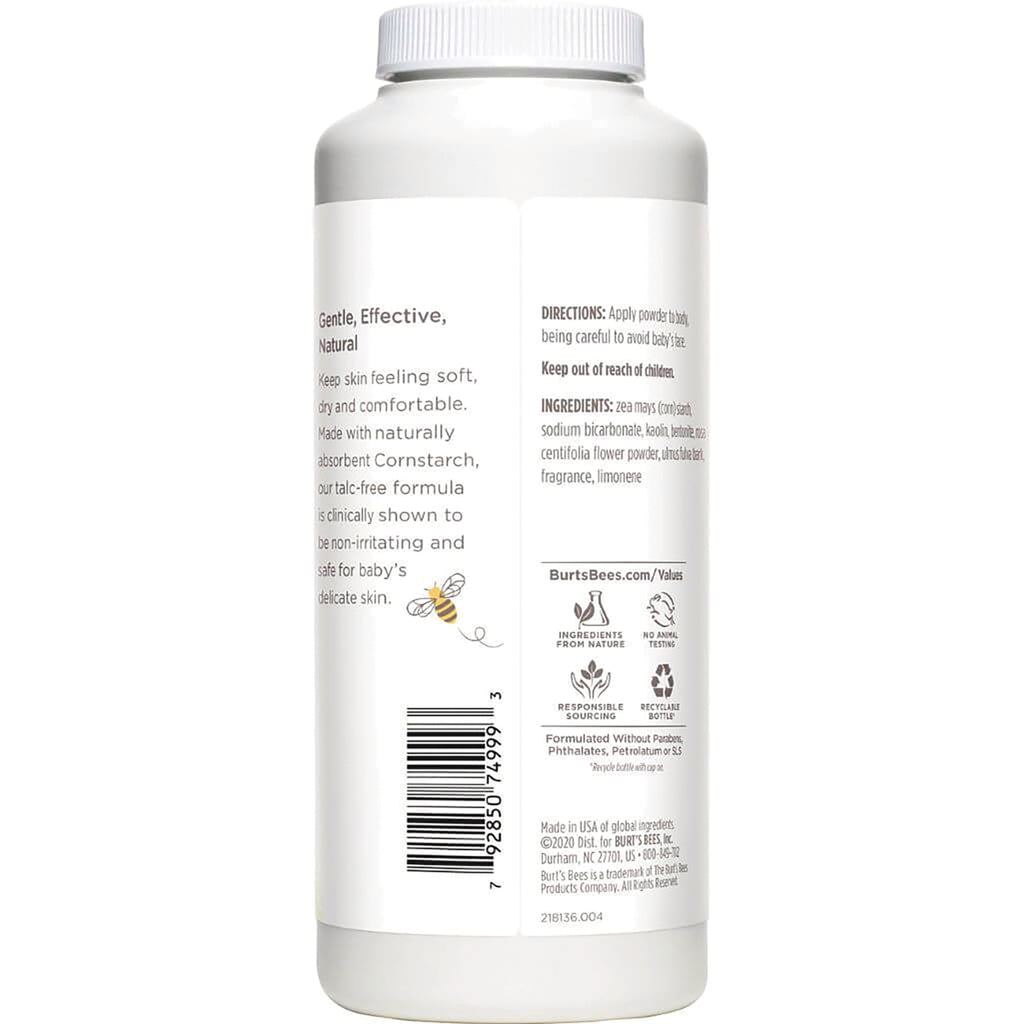 BTB142 | Back of white baby powder bottle showing ingredients, directions, barcode, and Burt's Bees icons - Thumbnail