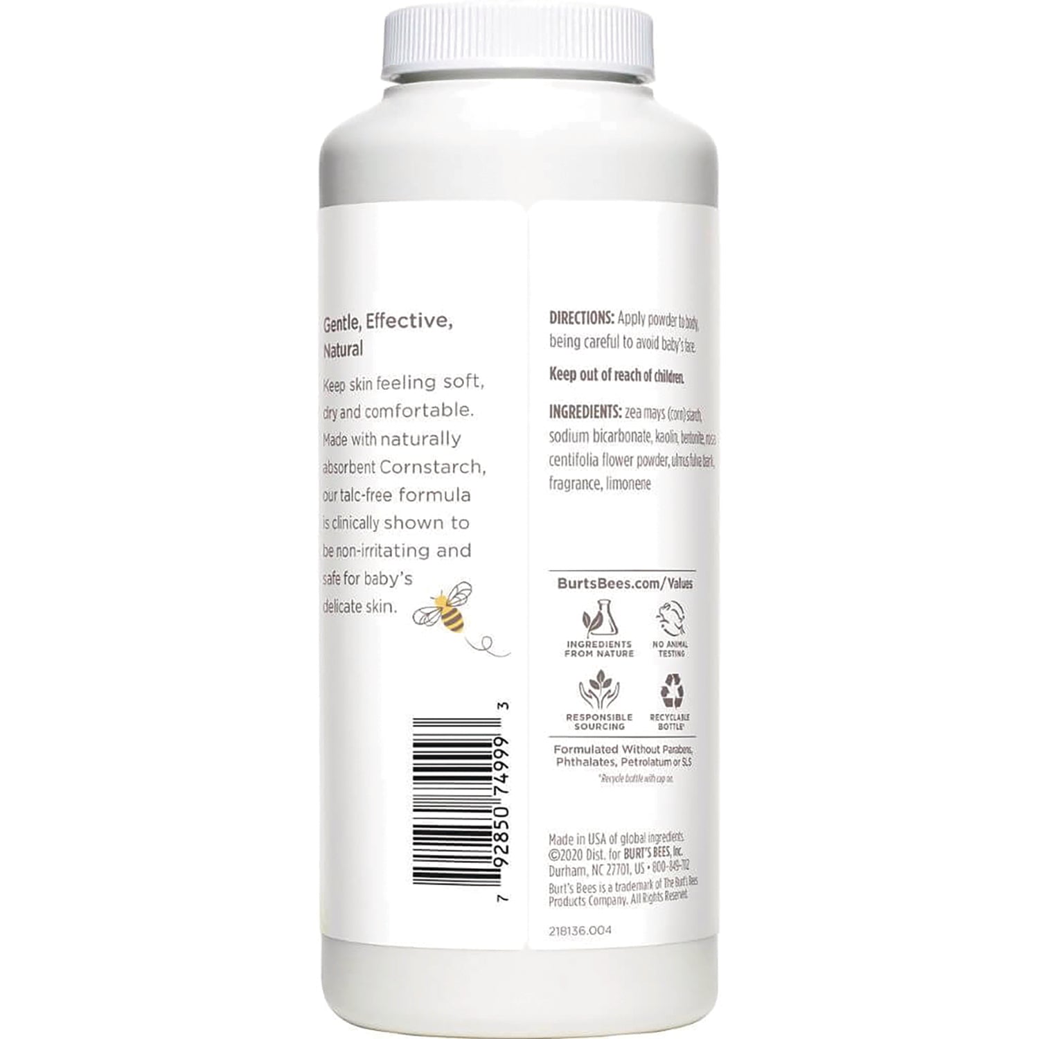 BTB142 | Back of white baby powder bottle showing ingredients, directions, barcode, and Burt's Bees icons