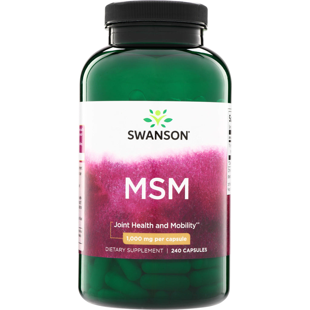 SWU656 | Swanson MSM supplement bottle front, 1,000 mg per capsule, 240 capsules, Joint Health and Mobility - Thumbnail