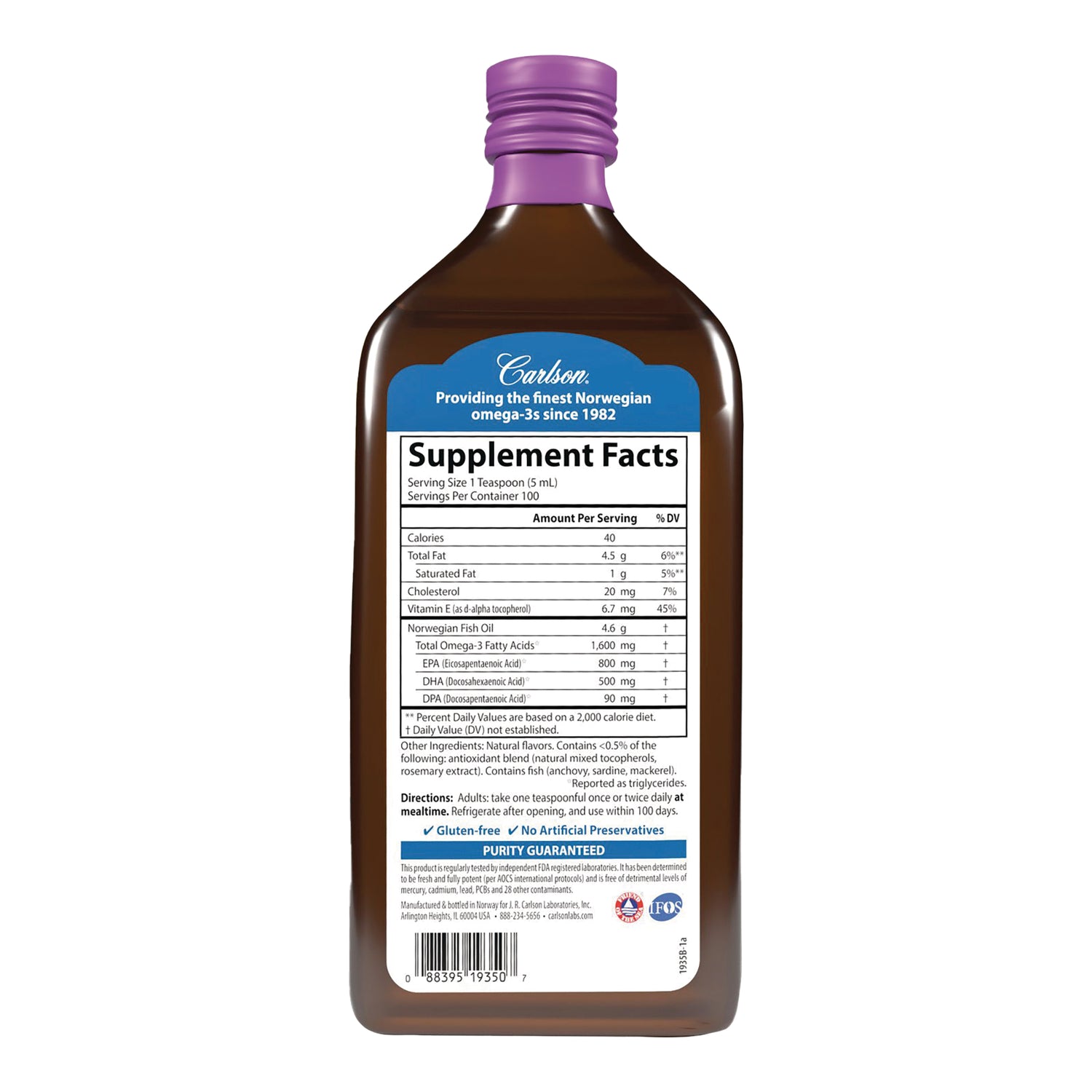 Brown glass bottle back label showing Supplement Facts panel, ingredients, serving size, and directions, purple cap