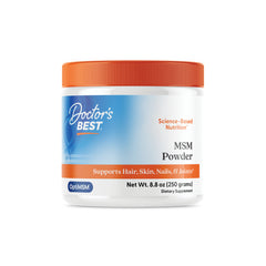 DB140 | Doctors Best MSM Powder jar with orange lid labeled MSM Powder with OptiMSM, net wt. 8.8 oz (250 grams)