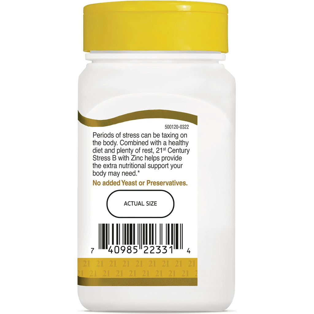 CNT158 | back label of white supplement bottle with yellow cap showing text about stress, No added Yeast or Preservatives, barcode and actual size circle - Thumbnail