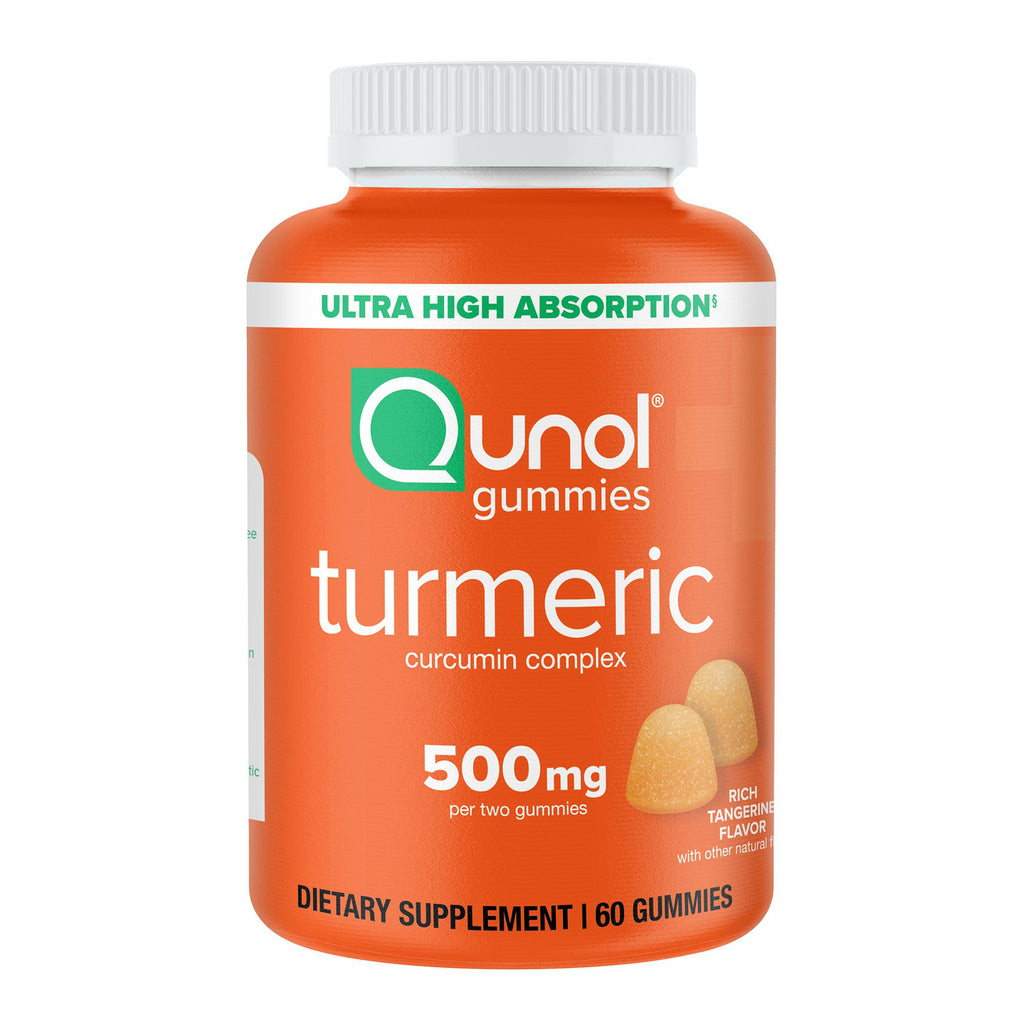 QNL014 | orange Qunol turmeric gummies bottle labeled 500 mg turmeric complex, 60-count jar with two gummies shown - Thumbnail