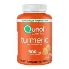 QNL014 | orange Qunol turmeric gummies bottle labeled 500 mg turmeric complex, 60-count jar with two gummies shown