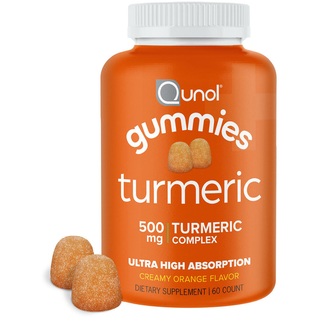 QNL014 | orange Qunol turmeric gummies bottle labeled 500 mg turmeric complex, 60-count jar with two gummies shown - Thumbnail