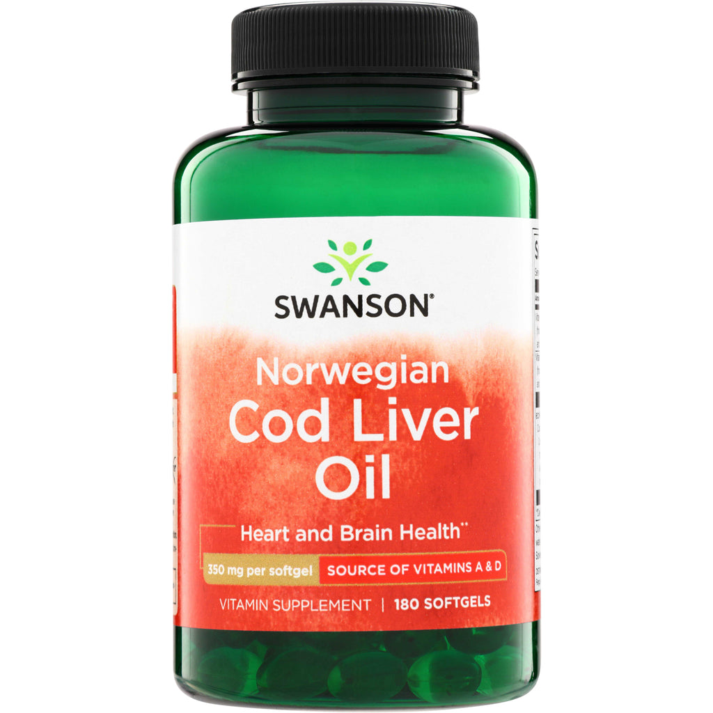 SW1513 | Swanson Norwegian Cod Liver Oil, 180 softgels; Heart and Brain Health; 350 mg per softgel; Vitamins A & D - Thumbnail