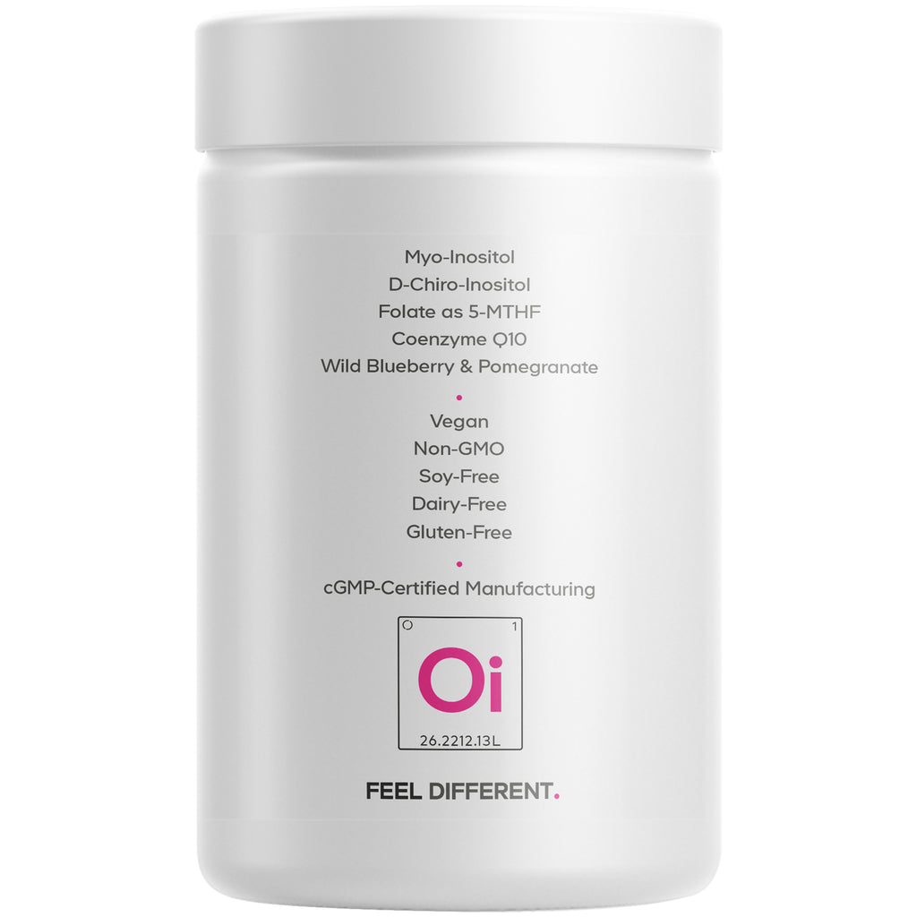 Back label of white supplement jar listing Myo-Inositol, D-Chiro-Inositol, folate as 5-MTHF, vegan, non-GMO, cGMP-Certified Manufacturing - Thumbnail