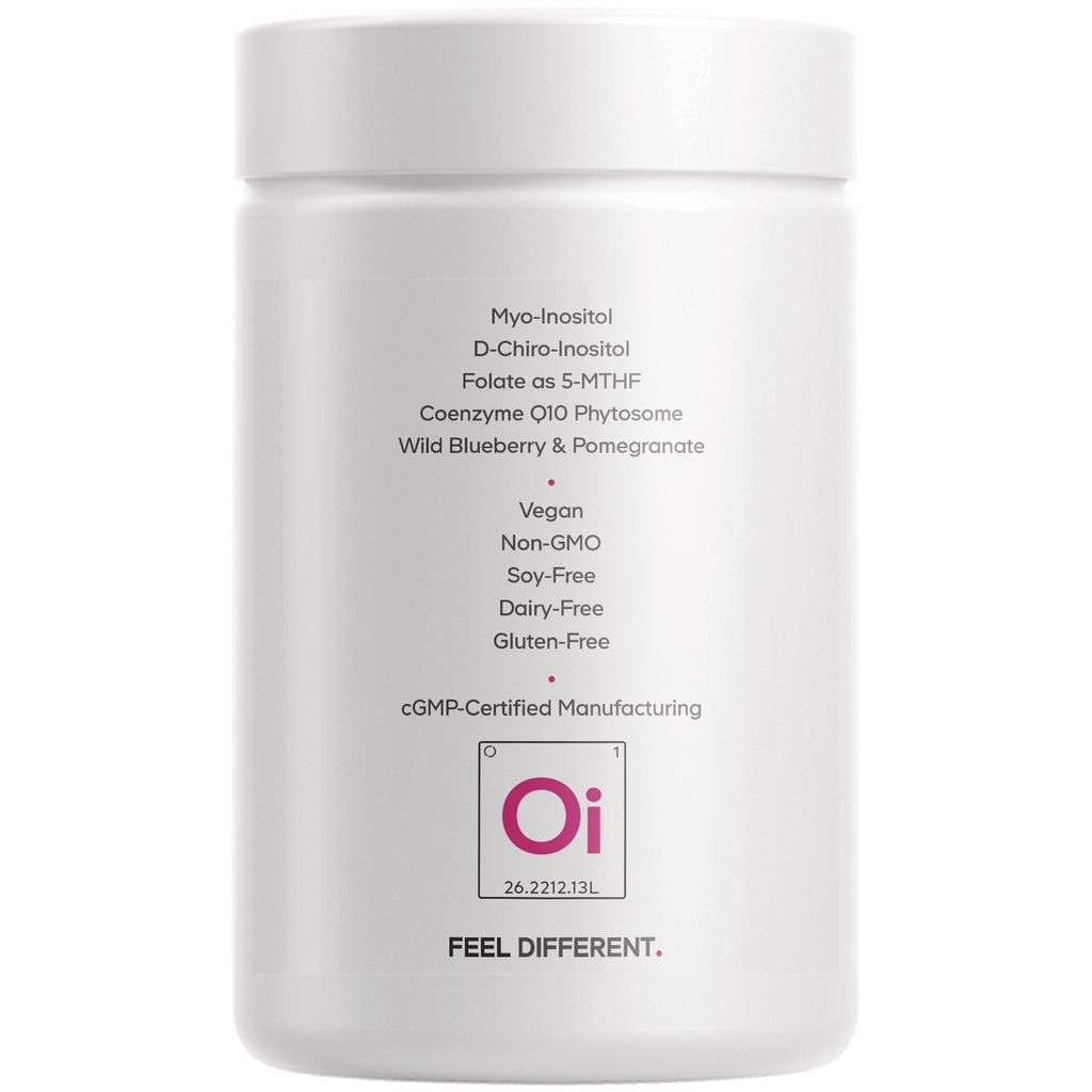 Back label of white supplement jar listing Myo-Inositol, D-Chiro-Inositol, folate as 5-MTHF, vegan, non-GMO, cGMP-Certified Manufacturing - Thumbnail