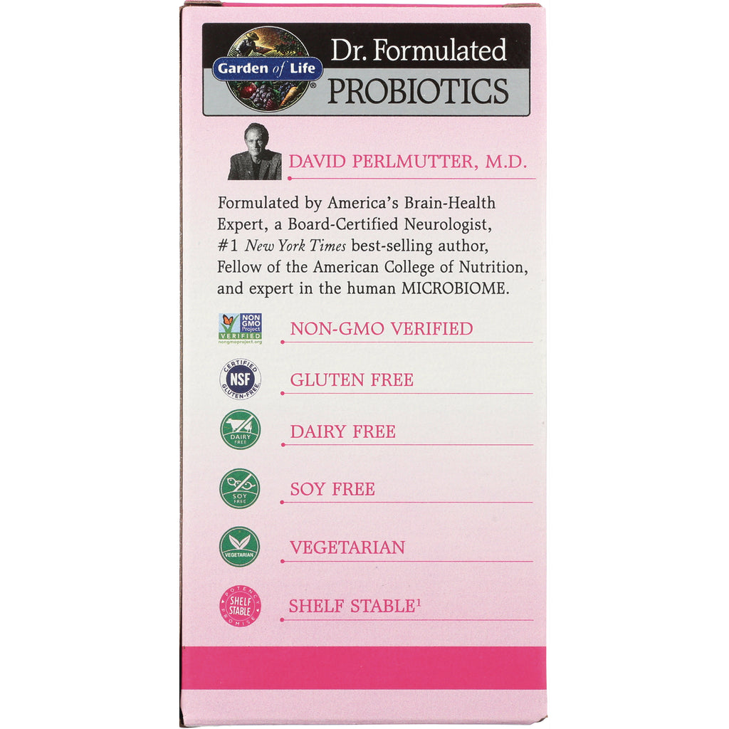 Back of pink Garden of Life Dr. Formulated Probiotics box showing claims: NON-GMO VERIFIED, GLUTEN FREE, DAIRY FREE, SOY FREE, VEGETARIAN, SHELF STABLE - Thumbnail