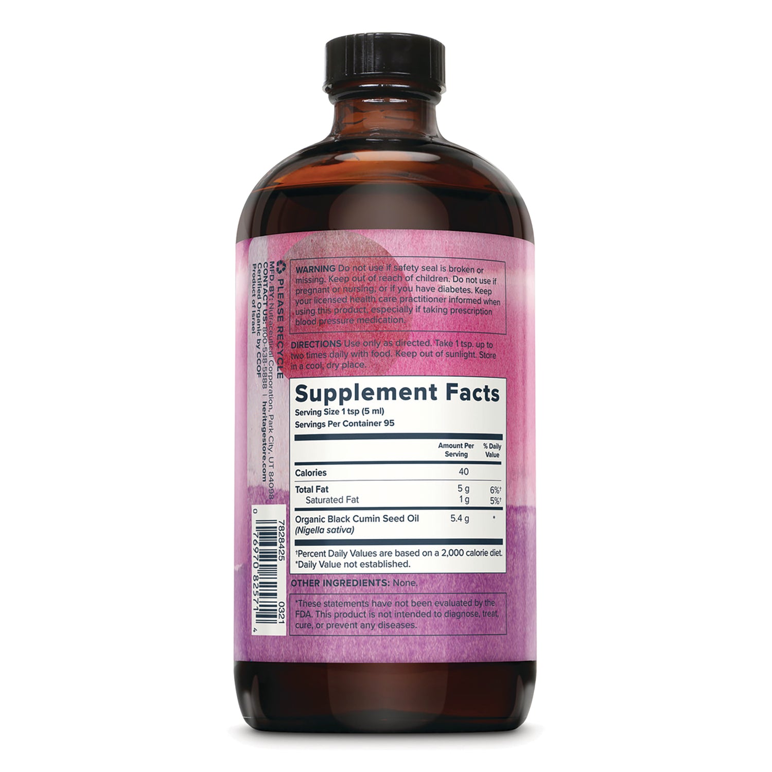 HTG108 | Back label showing Supplement Facts for organic black cumin seed oil bottle, serving size 1 tsp and ingredient info