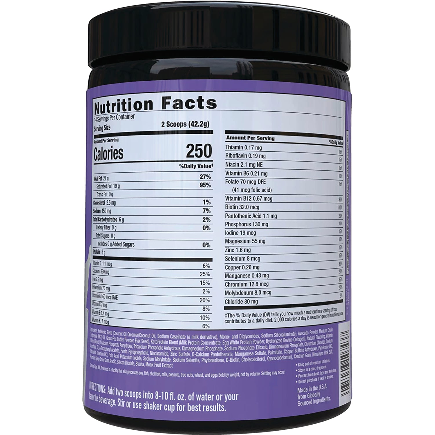 KS003 | back label showing Nutrition Facts panel and supplement facts on purple canister