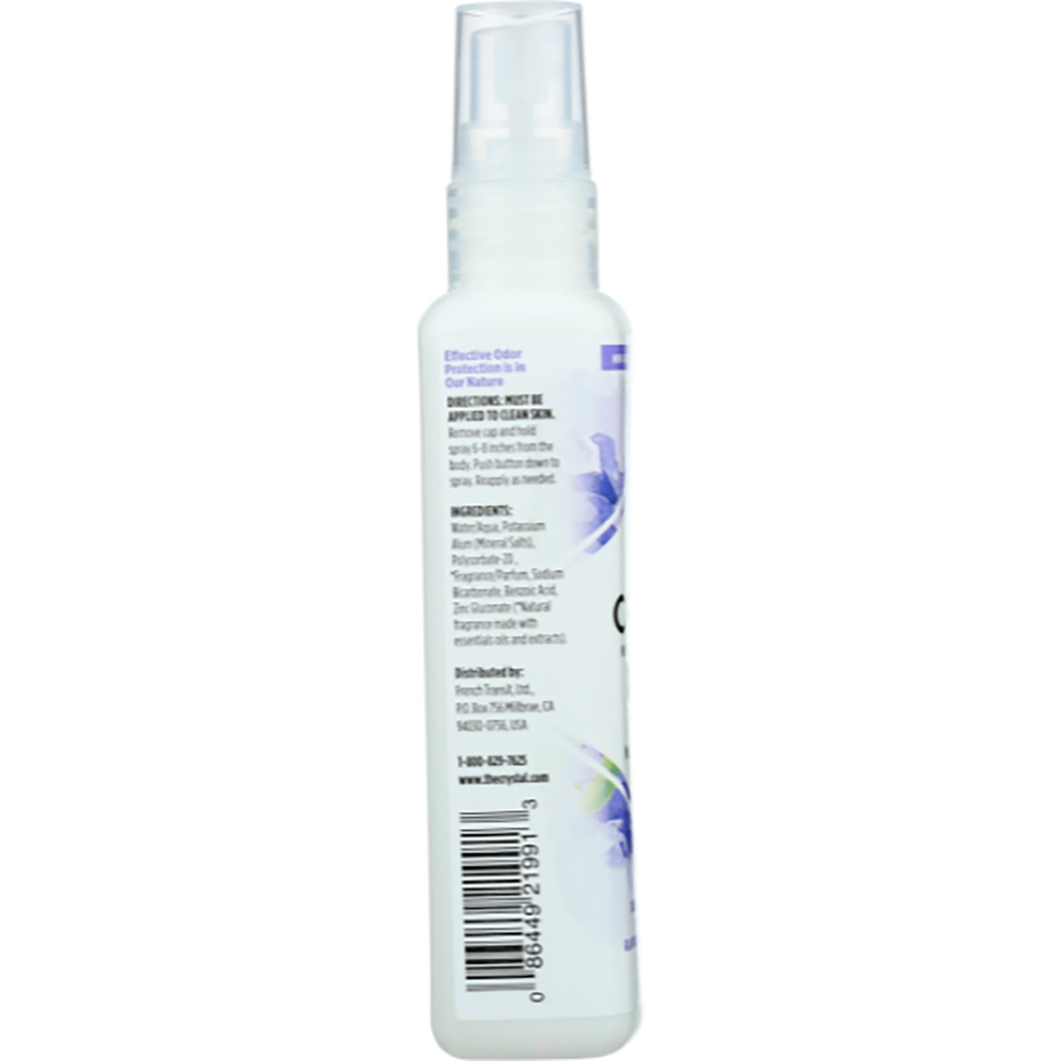 CRY009 | back label of white spray bottle showing ingredients, directions text and barcode