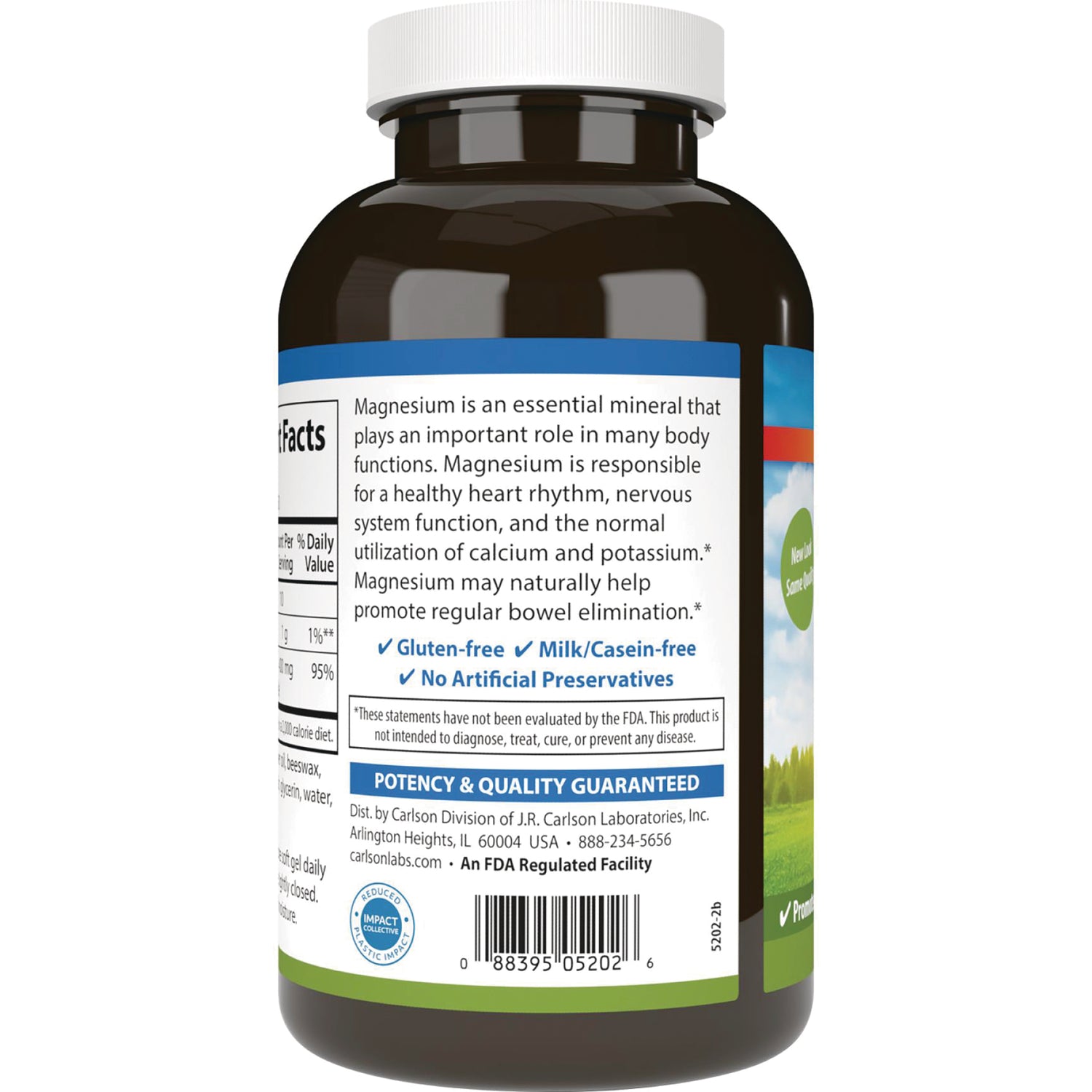 CSN053 | Back label of brown supplement bottle detailing magnesium benefits, gluten-free and no artificial preservatives, barcode