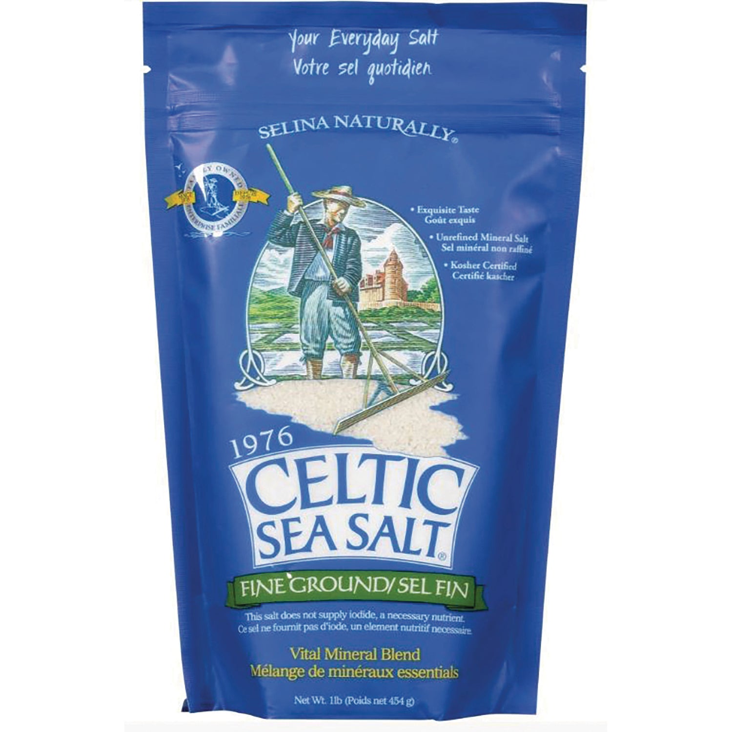 Blue pouch of CELTIC SEA SALT fine ground 1 lb front packaging with logo and salt harvester illustration