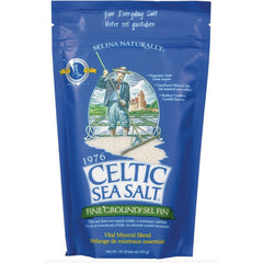 Blue pouch of CELTIC SEA SALT fine ground 1 lb front packaging with logo and salt harvester illustration