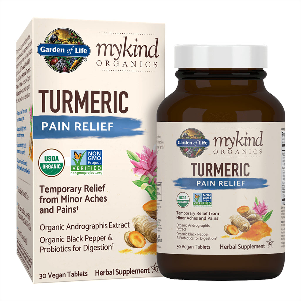 GLF257 | Bottle and box of mykind Organics Turmeric Pain Relief herbal supplement, 30 vegan tablets, USDA Organic - Thumbnail