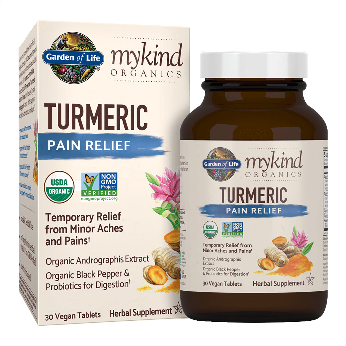 GLF257 | Bottle and box of mykind Organics Turmeric Pain Relief herbal supplement, 30 vegan tablets, USDA Organic