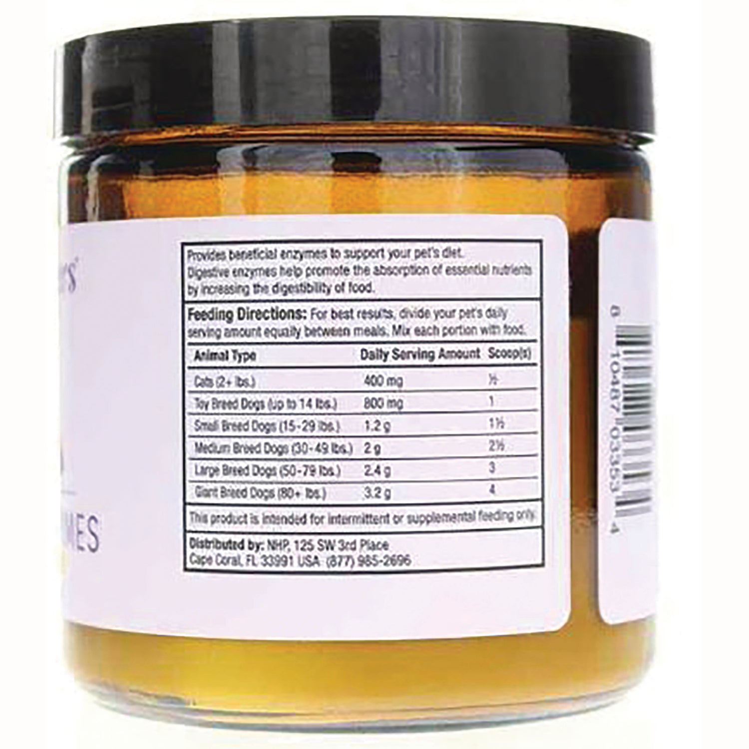 MRC112 | jar back label showing feeding directions table with daily serving amounts for dog sizes and a barcode