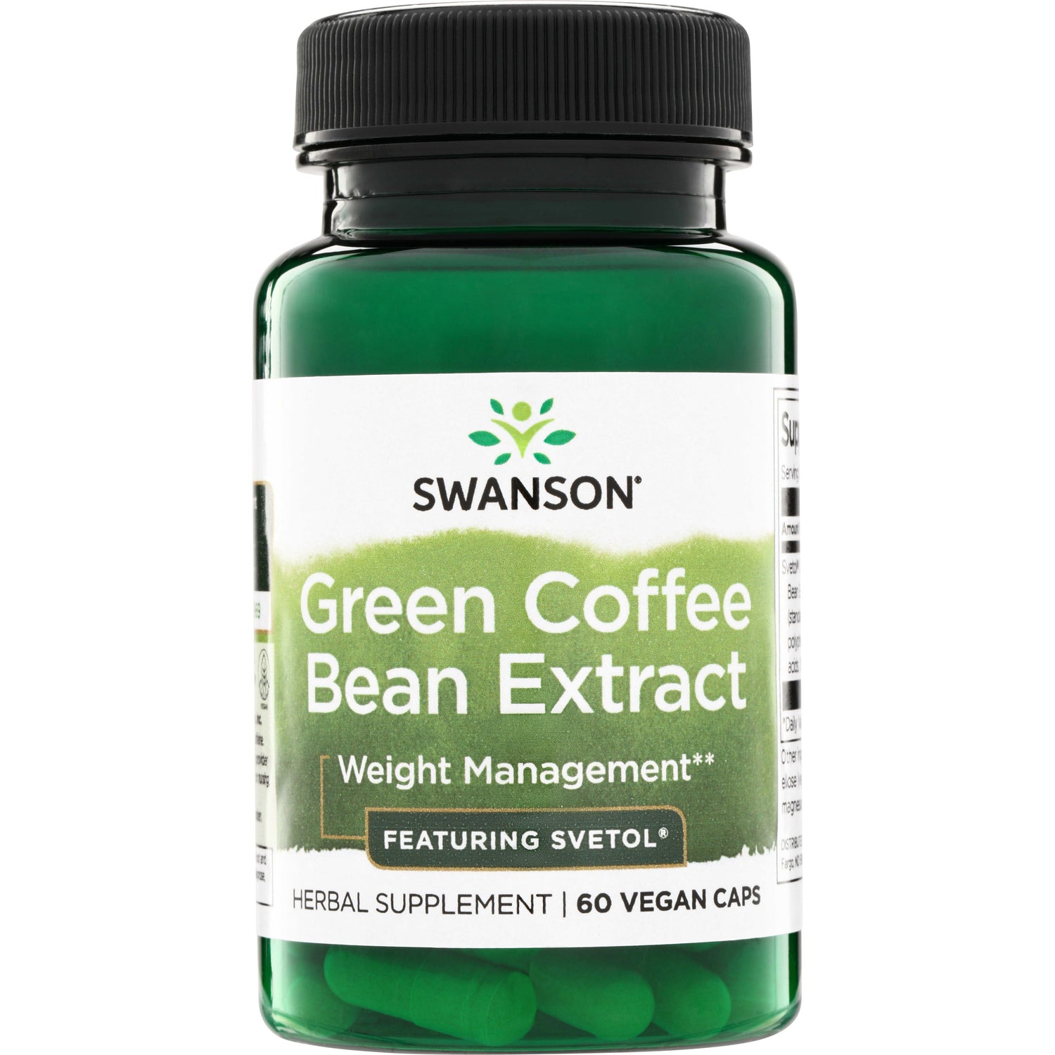 SWD060 | Swanson Green Coffee Bean Extract supplement bottle, Weight Management, Featuring Svetol, 60 vegan caps