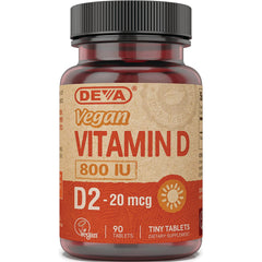 DEV006 | Brown bottle labeled Vegan Vitamin D 800 IU D2 20 mcg, 90 tiny tablets