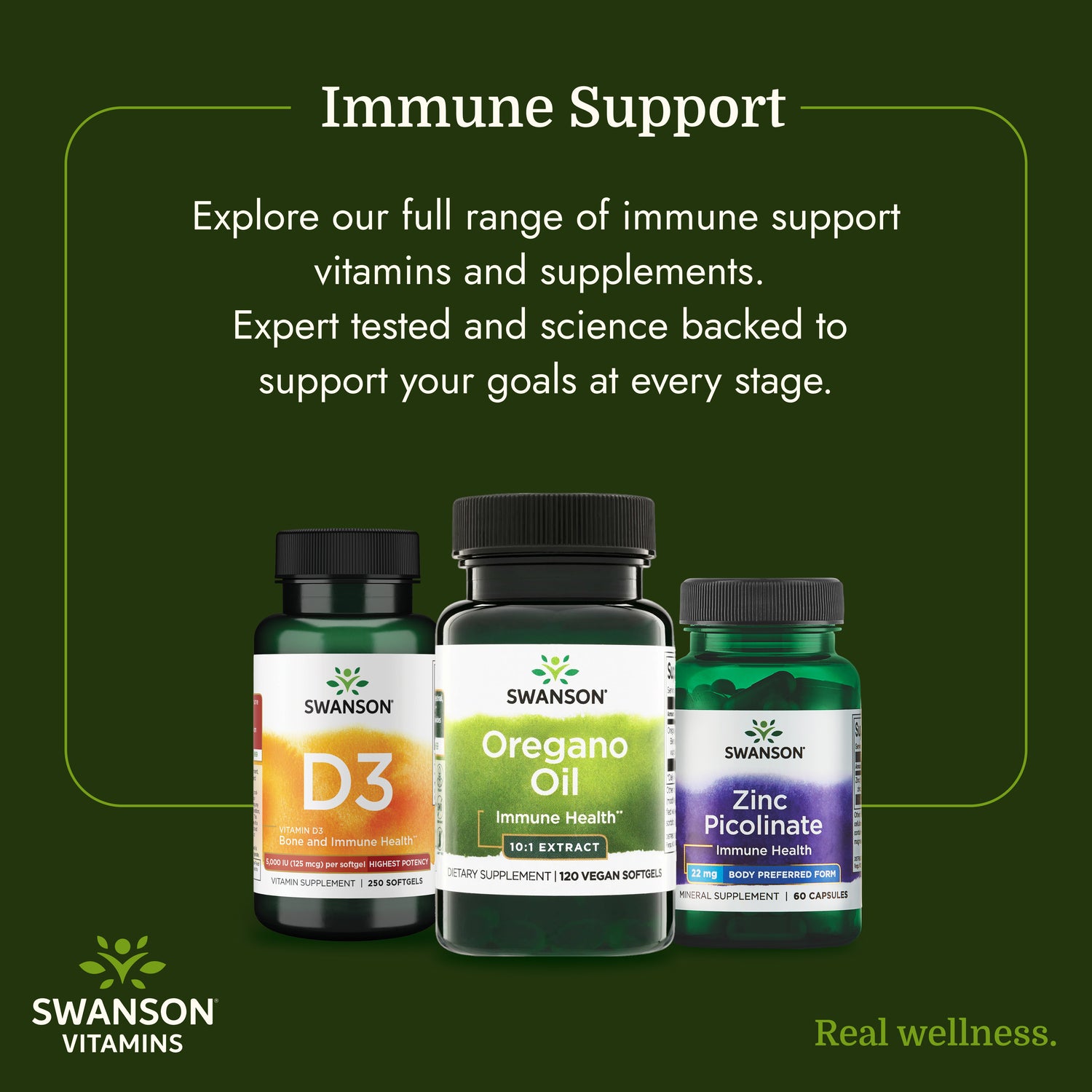 SW1016 | Swanson vitamins immune support infographic with D3, Oregano Oil, and Zinc Picolinate bottles
