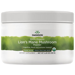 SW1975 | Swanson 100% Organic Lion's Mane Mushroom powder jar with green label, NET WT 4.23 OZ (120 g)