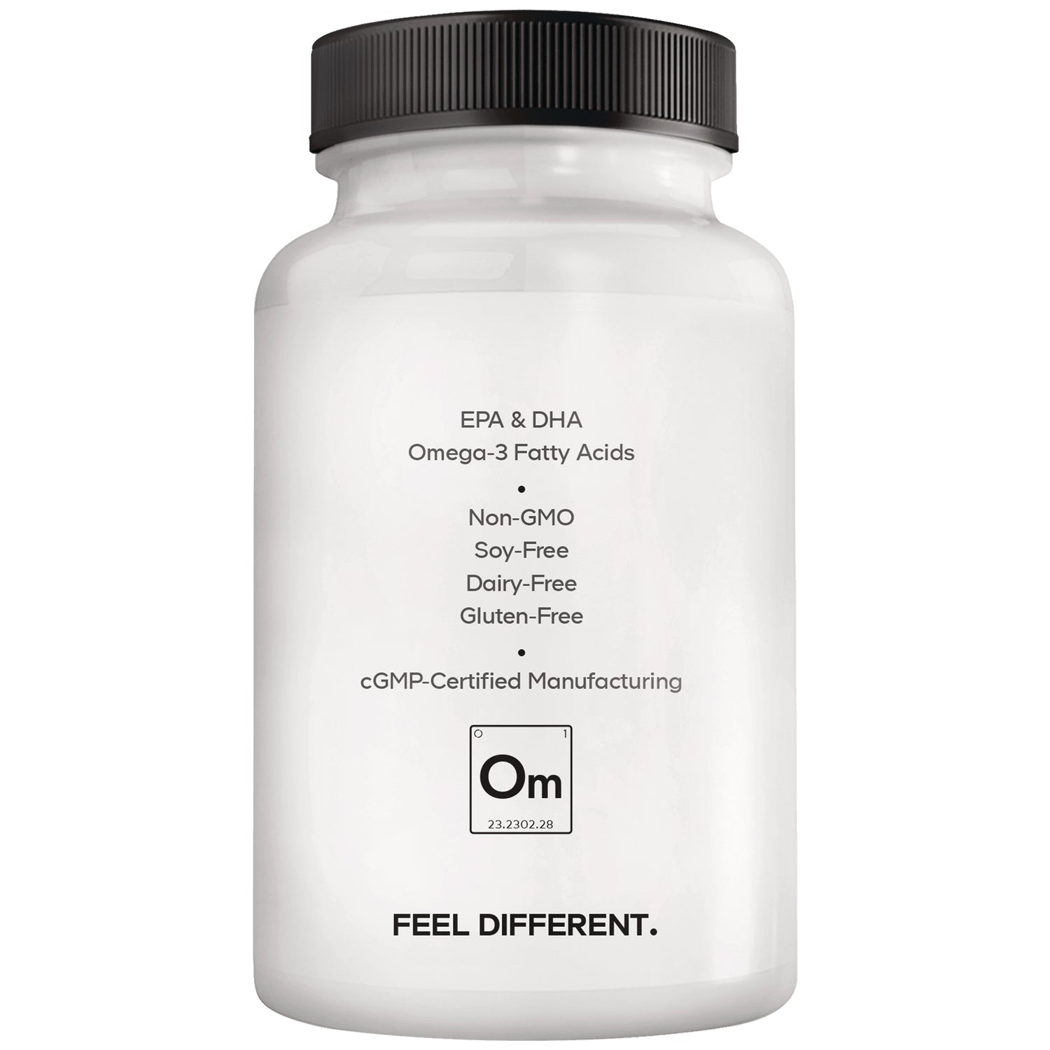 CDG051 | Back label listing EPA & DHA, Omega-3 fatty acids, Non-GMO, soy-free, dairy-free, gluten-free, cGMP-certified