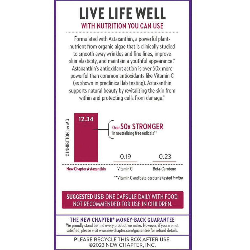 NWC296 | back label showing astaxanthin description, bar chart comparing antioxidant strength, suggested use one capsule daily and refund guarantee - Thumbnail