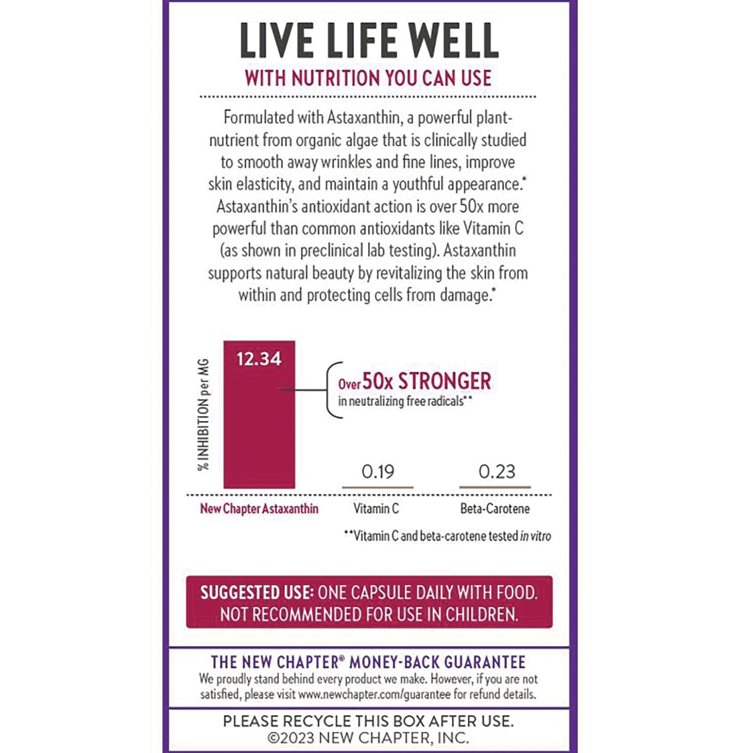 NWC296 | back label showing astaxanthin description, bar chart comparing antioxidant strength, suggested use one capsule daily and refund guarantee