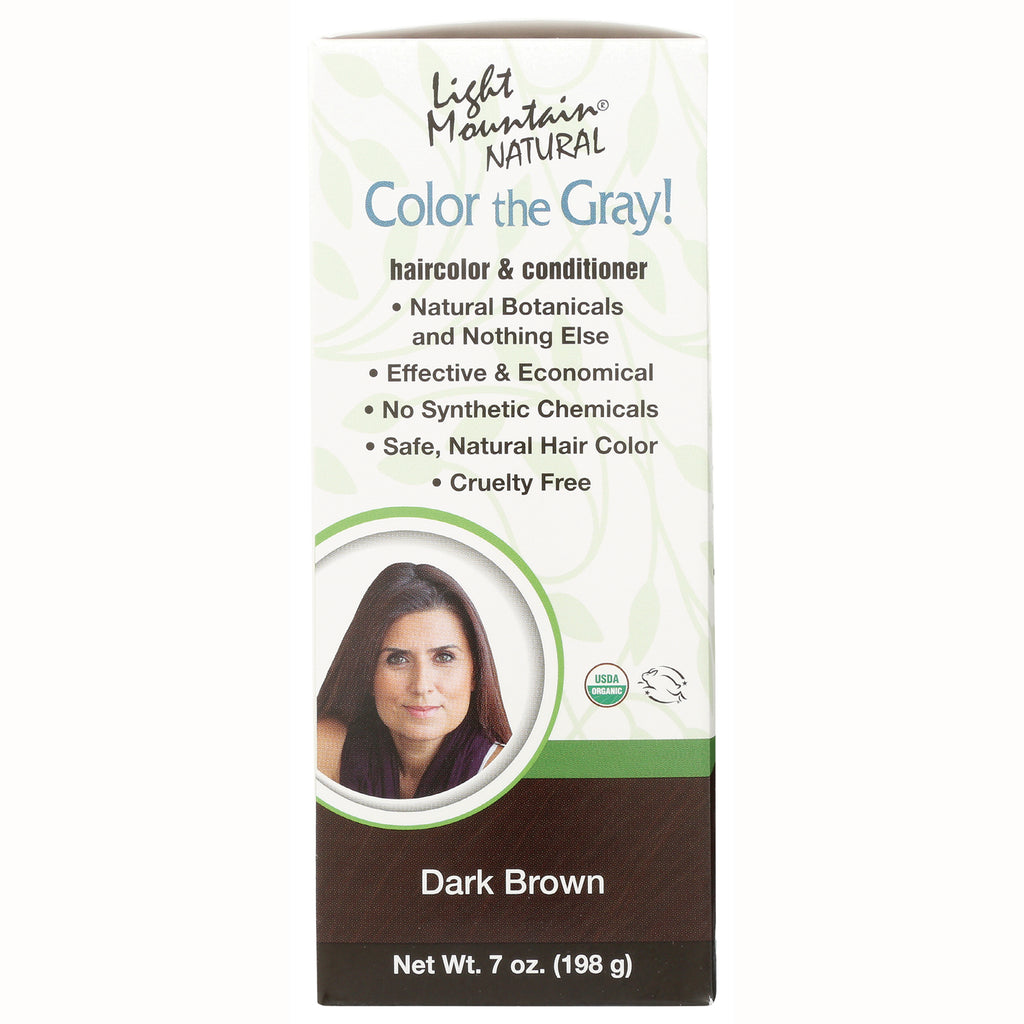 LTM006 | Light Mountain Color the Gray haircolor & conditioner box listing natural botanicals, no synthetic chemicals, Dark Brown shade - Thumbnail