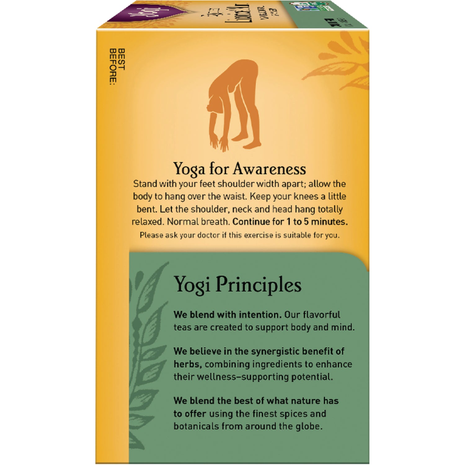 AHW008 | Yoga for Awareness and Yogi Principles text on tea box side panel