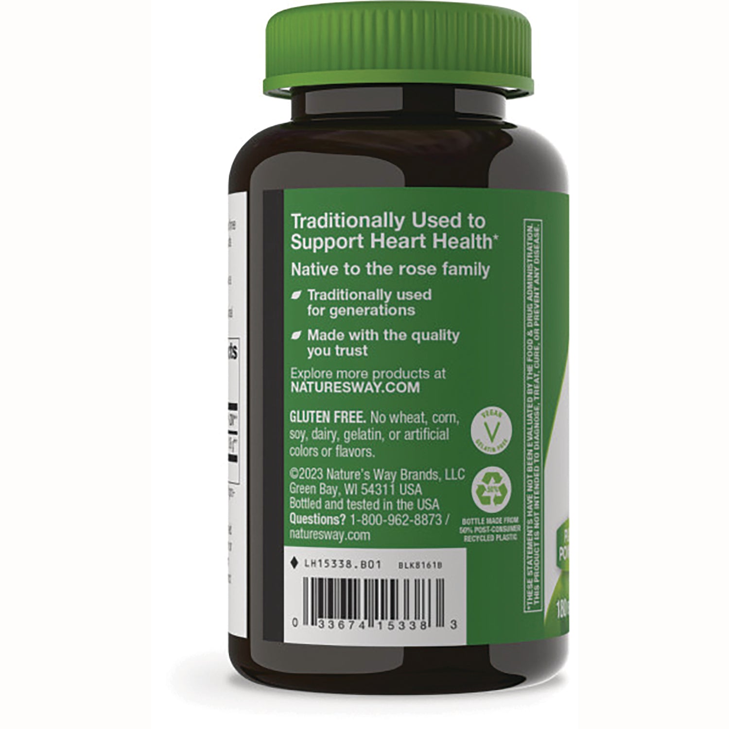 NW735 | back of brown supplement bottle with green label reading Traditionally Used to Support Heart Health, gluten free text and barcode