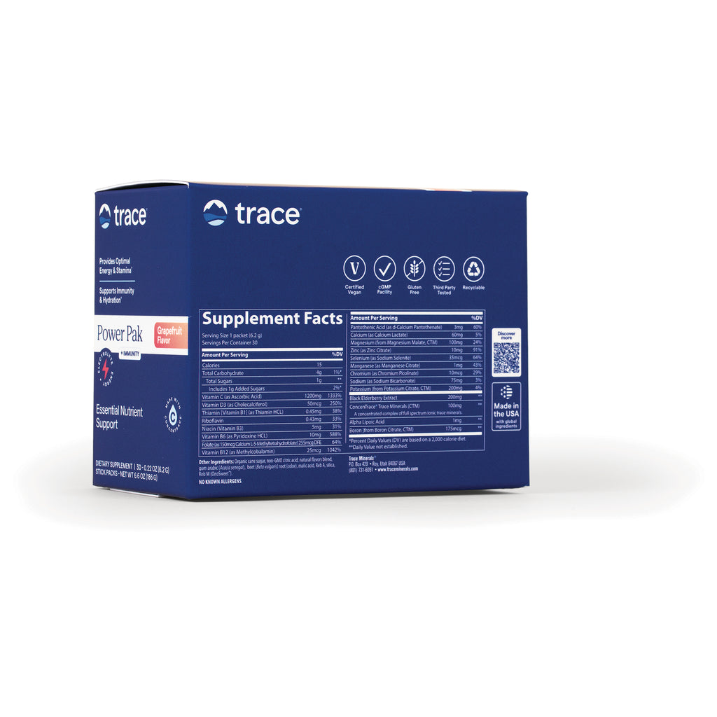 TM148 | Back of Trace Power Pak Grapefruit Flavor box with Supplement Facts panel and icons - Thumbnail