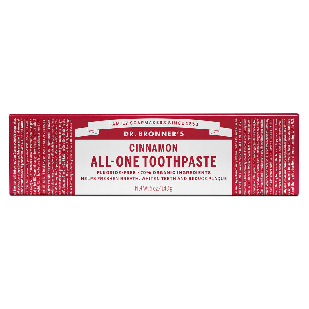 DRB072 | Dr. Bronner's Cinnamon All-One Toothpaste box front panel, fluoride-free, 70% organic ingredients, Net Wt 5 oz/140 g - Thumbnail